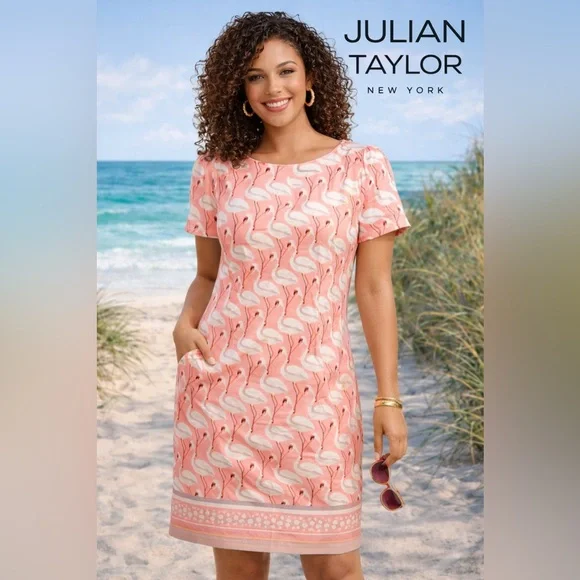 🦩Julian Taylor, FLAMINGOS,Sheath Dress, Print Pink Flamingo, Stretch, Size 18W - Picture 7 of 11